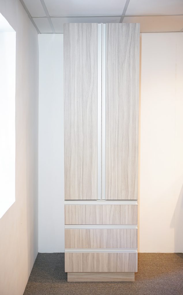 Closet Cabinet - Wardrobe Cabinet - Double Glass Door Closet - No Exposed Screw Design Shelve - Interior Home Wooden Room Modern High Quality Modular Wood Roble Oak White and Gray Waterproof Decorative Laminated Marine Plywood with Edge, PVC Sealed, Moisture-Proof and Termite-Proof