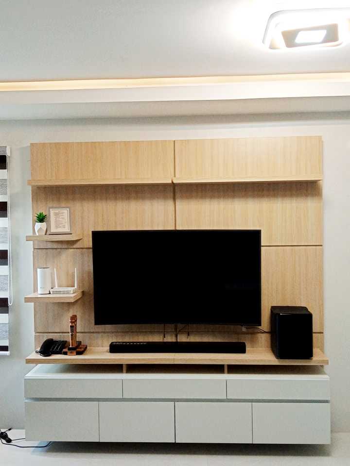 Entertainment Cabinet - Hanging TV Console - No Exposed Screw Design TV Shelve - TV Cabinet - Interior Home Wooden Room Modern High Quality Modular Wood Grain, Oak White and Gray Waterproof Decorative Laminated Marine Plywood with Edge, PVC Sealed, Moisture-Proof and Termite-Proof